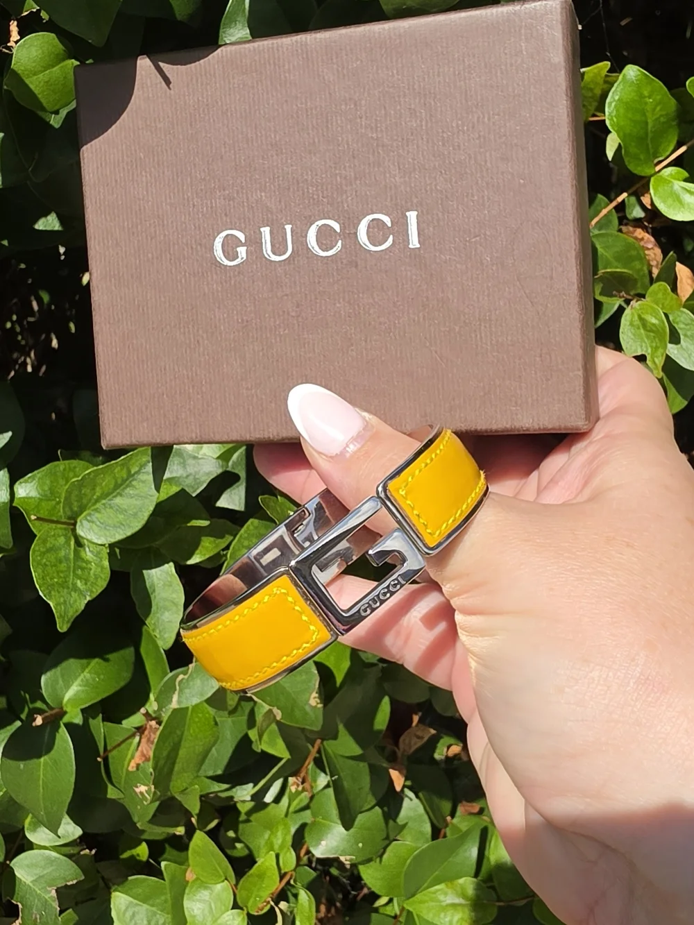 Gucci Leather G Hinge Bangle Mustard Color Silver-Tone Metal & Leather
